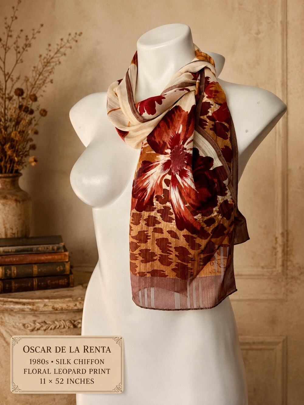 Vintage Oscar de la Renta 1980s Silk Chiffon Floral Leopard Print Scarf 11x52